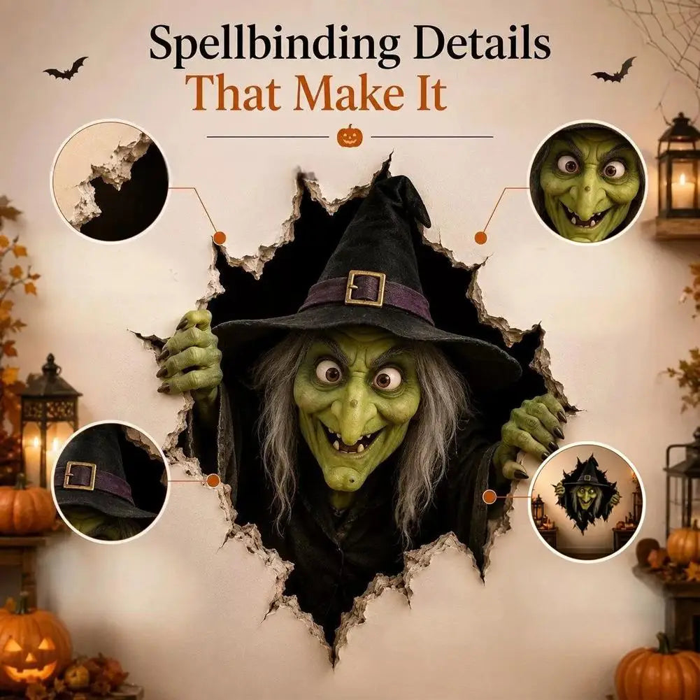 Sorcière à la peau verte, aux longs cheveux gris, portant un chapeau noir pointu avec un ruban violet et une boucle dorée, apparaissant à travers un mur déchiré sur un autocollant mural en papier 3D pour Halloween, pour une décoration effrayante.