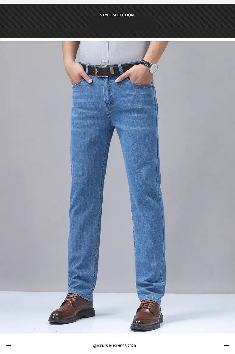 Men’s stretch cotton straight jeans in light-wash blue denim with a classic straight-leg cut and visible stitching details for casual wear.