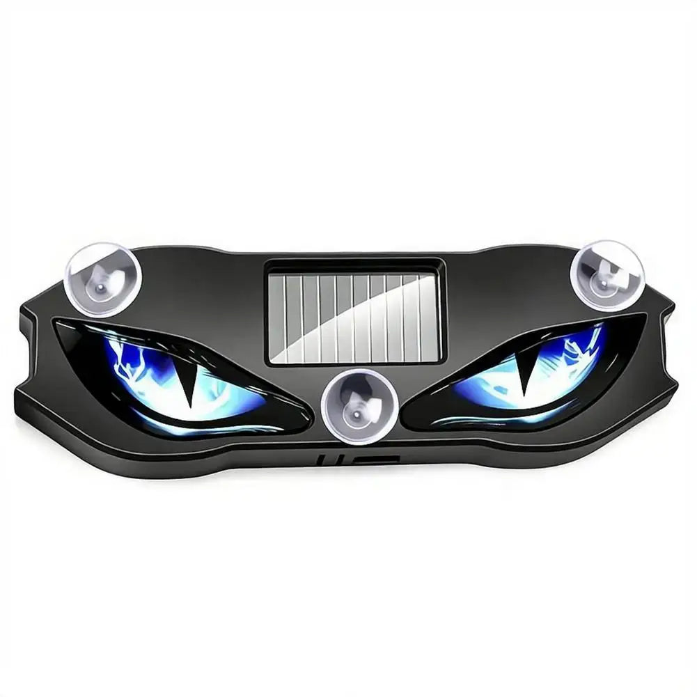 fixation pour pare-brise de voiture noire avec lampe d’avertissement solaire, ampoules de ventouses, avec un motif d’œil de démon bleu lumineux et un panneau solaire central