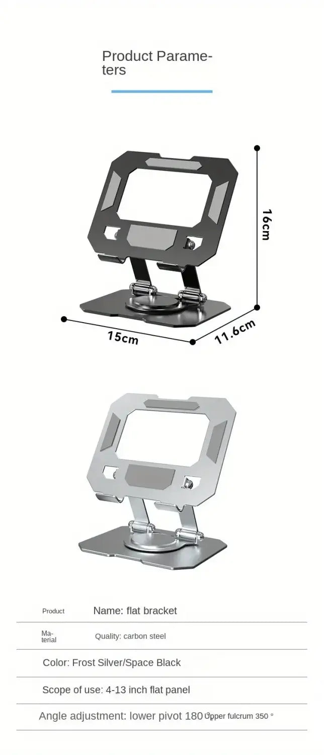 frost silver and space black carbon steel flat bracket with a sleek angular design on the back side of a 360 rotatable aluminum tablet stand for 4.7 to 12 inch devices