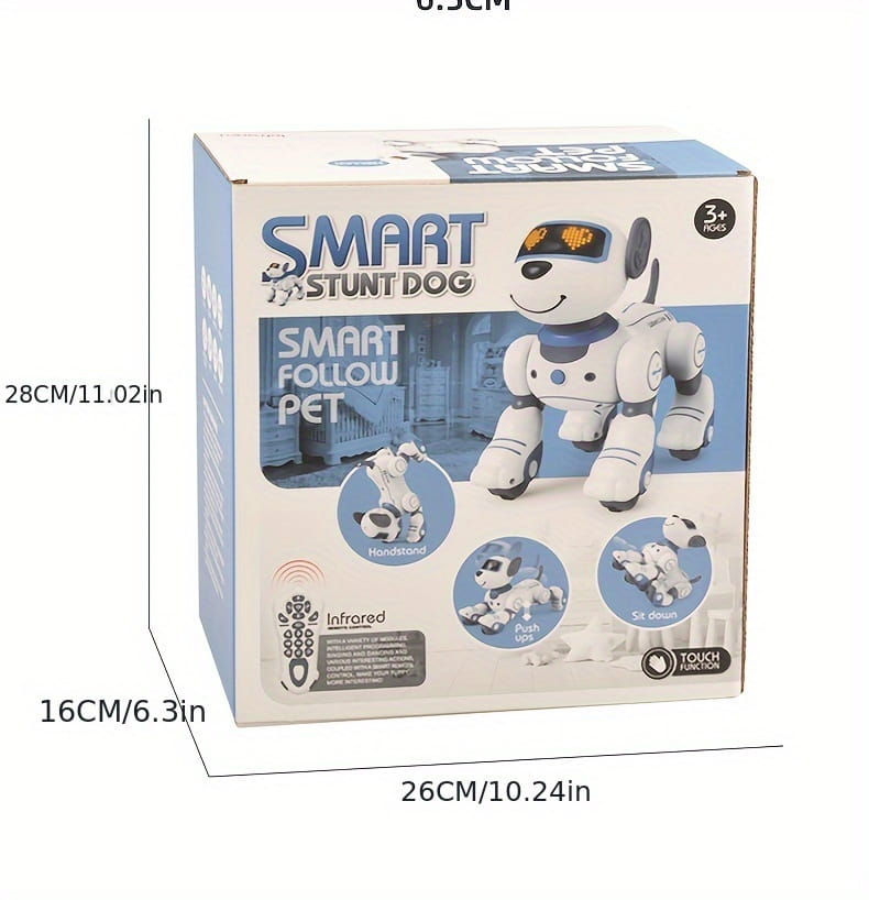 remote control robotic dog toy in white and blue with glowing orange eyes featuring a rechargeable battery designed as a smart follow pet.