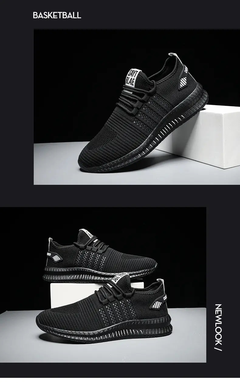 Herren-Atmungsaktiver legere Strick-Sneaker in Schwarz mit einem strukturierten Mesh-Obermaterial und dezenten weißen Branding-Details.