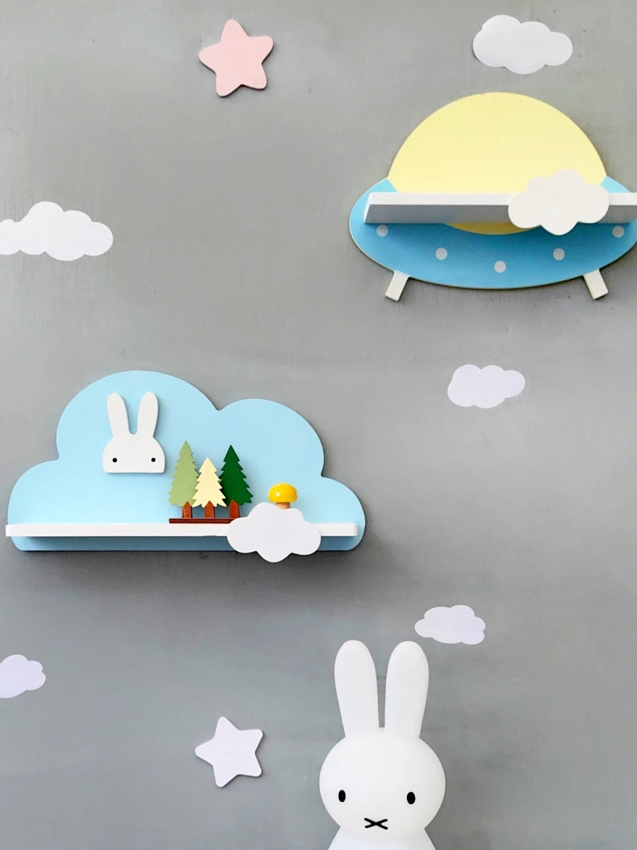 Cloud Wall Hanging Kids Bookshelf Child Room Toy Storage Display Stand Hanging Rack Wood Shelf Study Living Room Wall Decoration