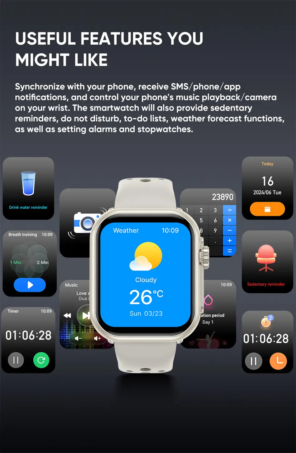 Weißer AMOLED-Bluetooth-Smartwatch-Fitness-Tracker mit IP68-Einstufung, mit schlankem rechteckigem Display, das Wetter und Uhrzeit in einem minimalistischen Design anzeigt.