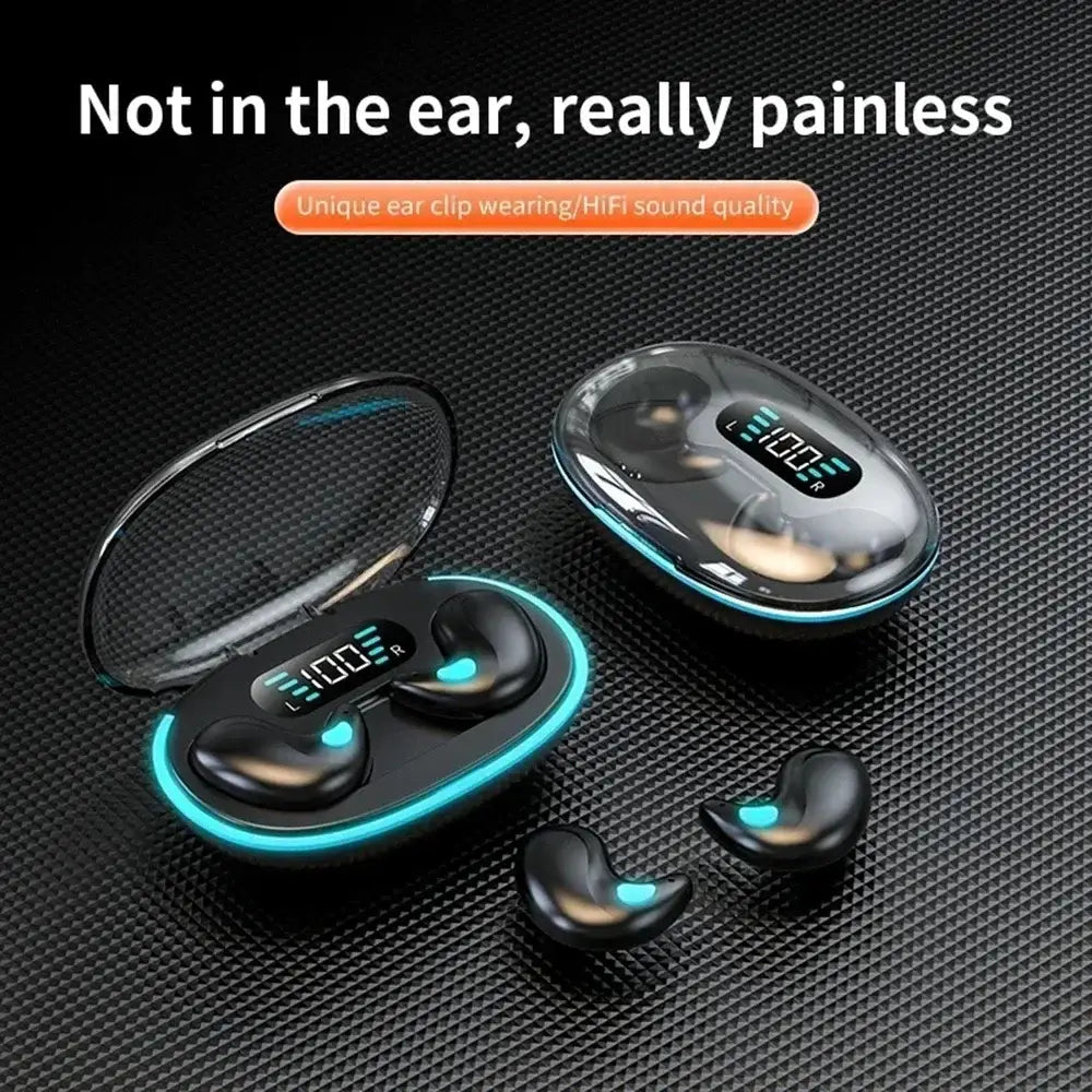 Black wireless sleeping earbuds Bluetooth 5.3 mini headphones with teal LED lighting and a sleek modern ear clip design.