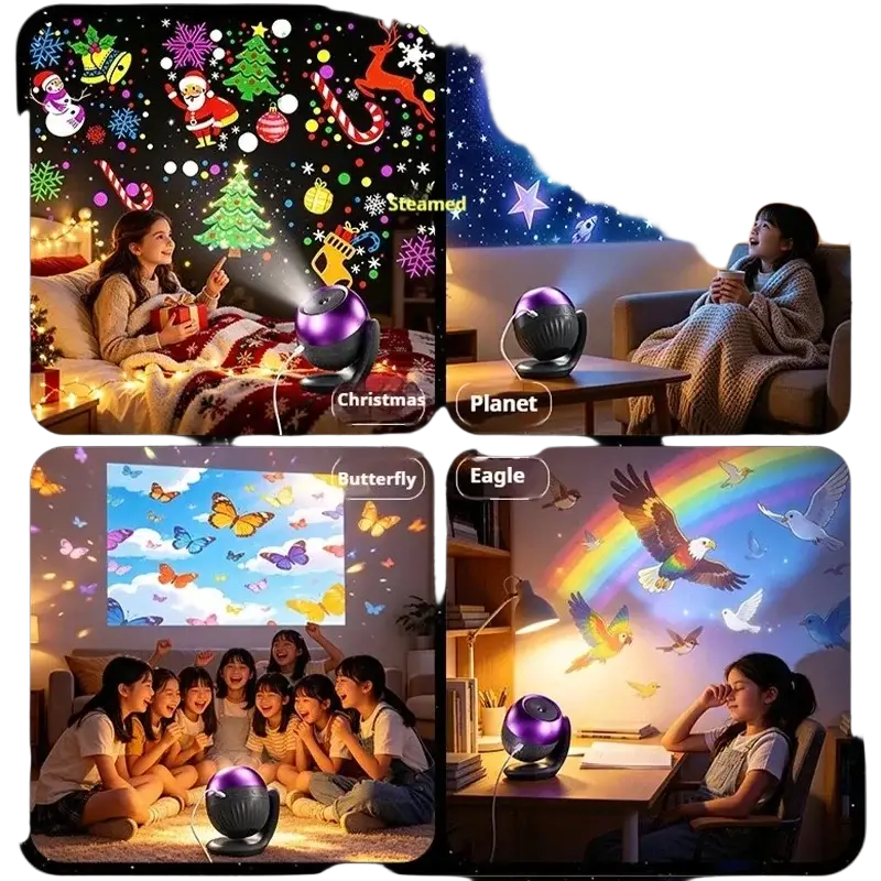 Purple spherical led projector light with black base casting festive light patterns for kids gift