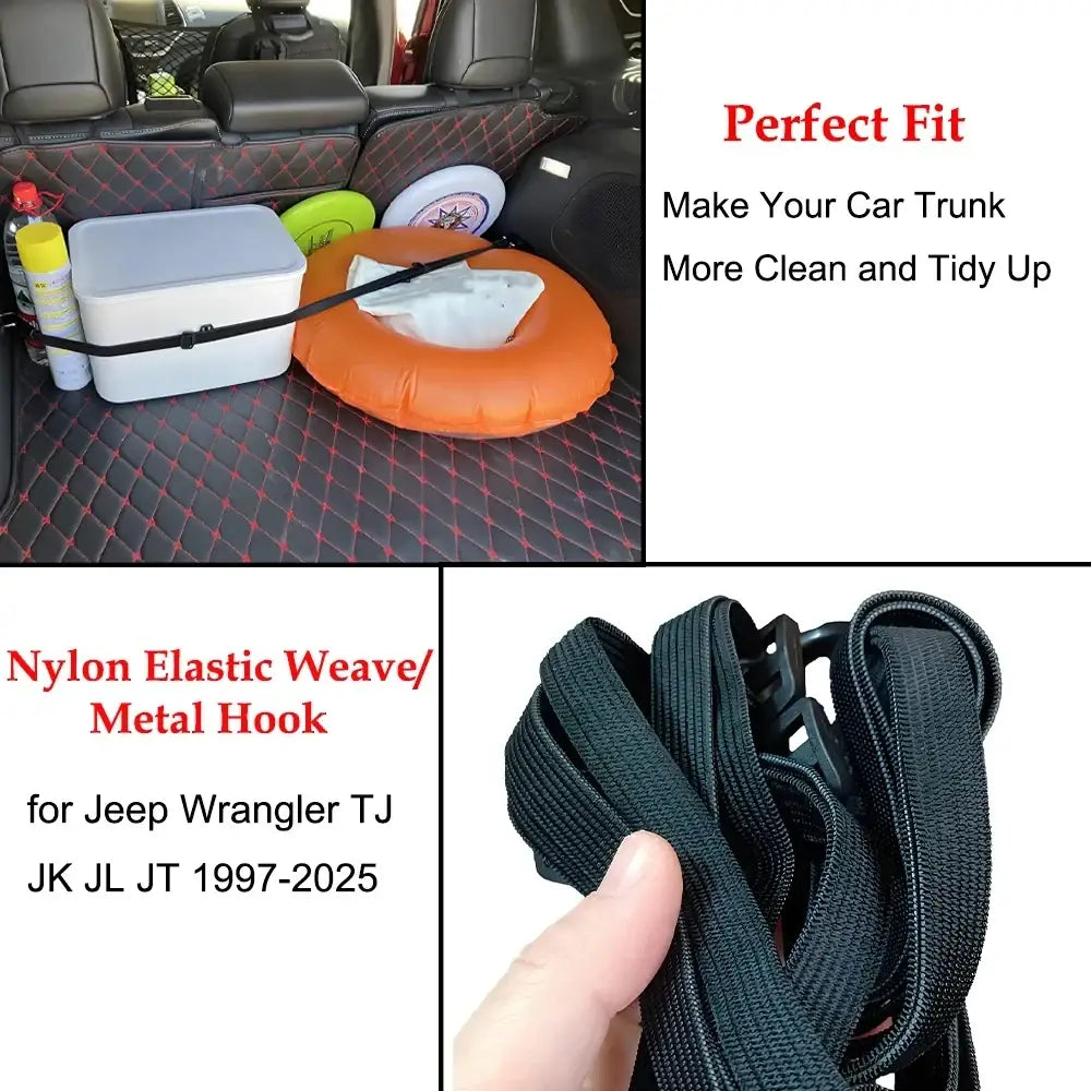 Black nylon elastic weave strap with metal hook for jeep wrangler tj jk jl jt 1997-2025 cargo organization
