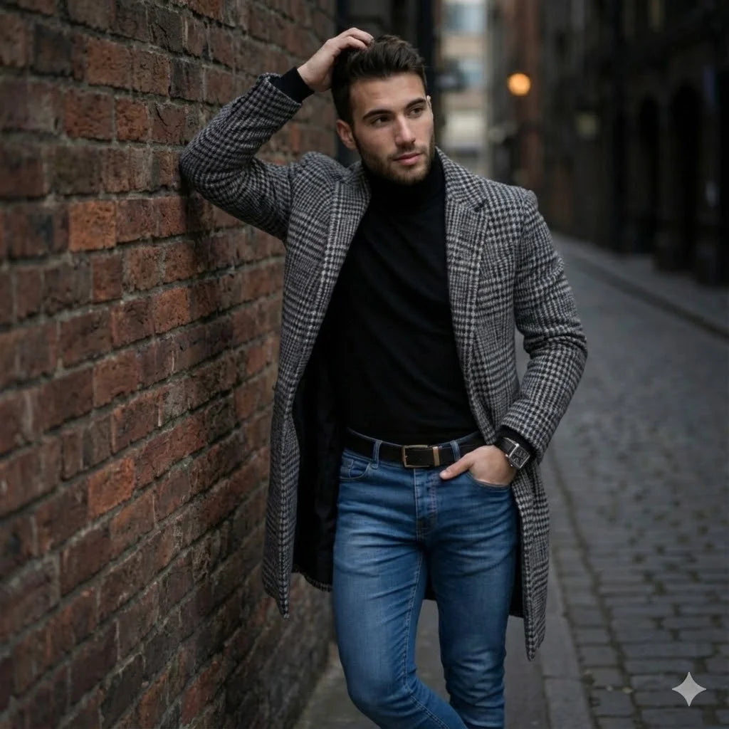 Men's Single Breasted Woolen Blend Trench Coat, Stripes Long Warm Windproof Jacket for Autumn, Classic Solid Color Outerwear