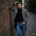 Men's Single Breasted Woolen Blend Trench Coat, Stripes Long Warm Windproof Jacket for Autumn, Classic Solid Color Outerwear
