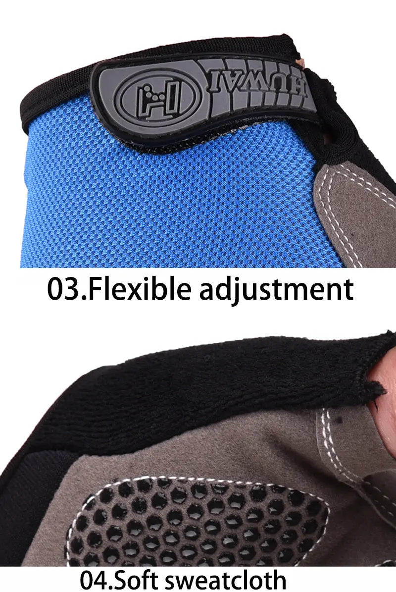 Guantes de ciclismo en color azul y negro con tejido de malla transpirable, acolchado reforzado en la palma y un parche de logotipo distintivo, diseñados para entrenamientos de fitness y uso de media yema transpirable.