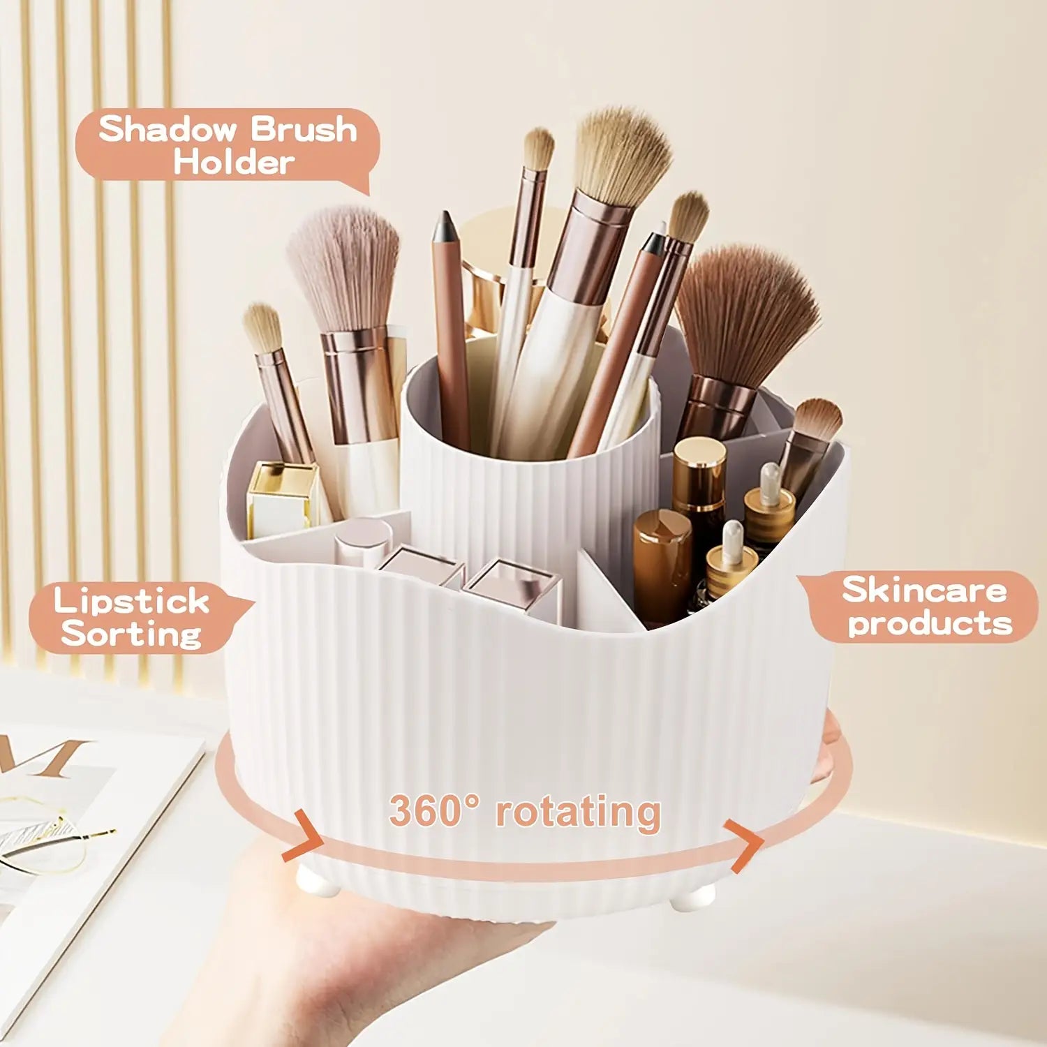 Weißer gerippter Kunststoff-Dreh-Kosmetikorganizer mit segmentierten Fächern für Lidschatten-Pinsel, Lippenstifte und Pflegeprodukte