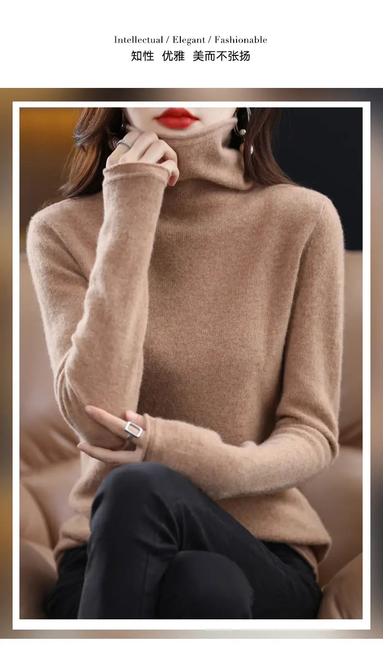 A soft beige merino wool turtleneck sweater for women with a smooth knit texture and long sleeves.
