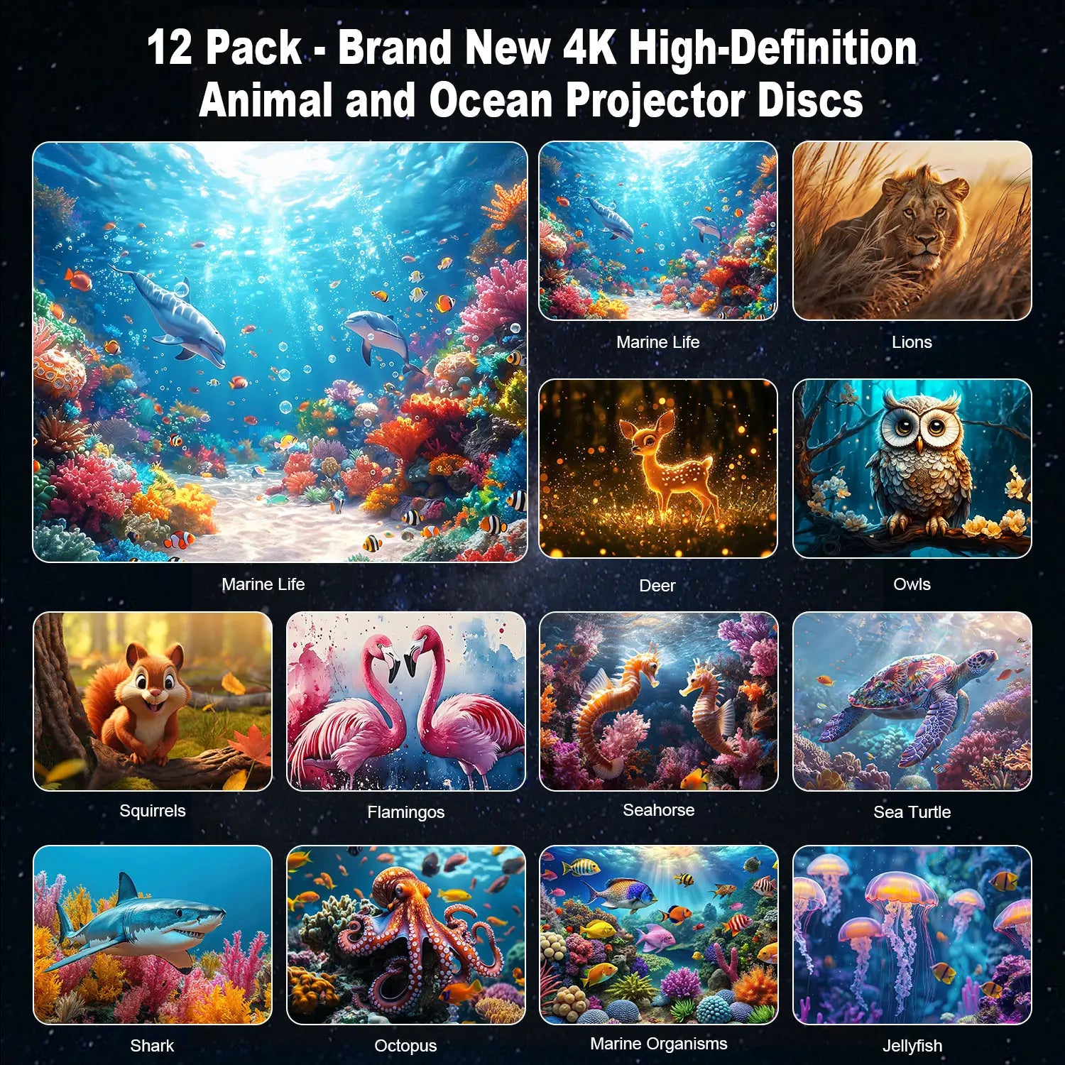 Set of 12 brand new 4k high-definition projector pro animal and ocean discs featuring vibrant detailed imagery of marine life and wildlife for use with the projector pro 25 in 1 galaxy star night light.