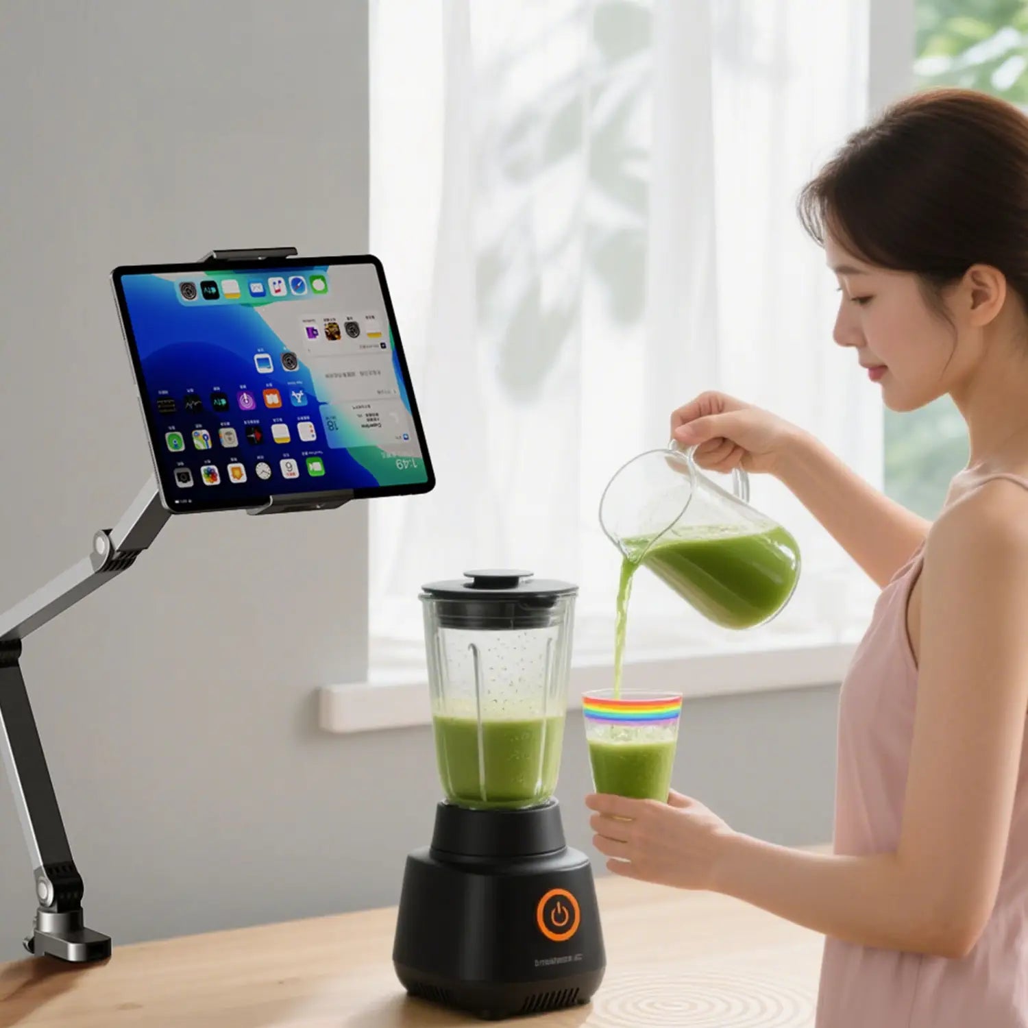 Schwarzer Mixer mit klarem Glasbehälter und orangefarbenem Netzschalter am Sockel, dargestellt neben einer Aluminium-Tablet-Tischhalterung mit 360°-Drehmöglichkeit.