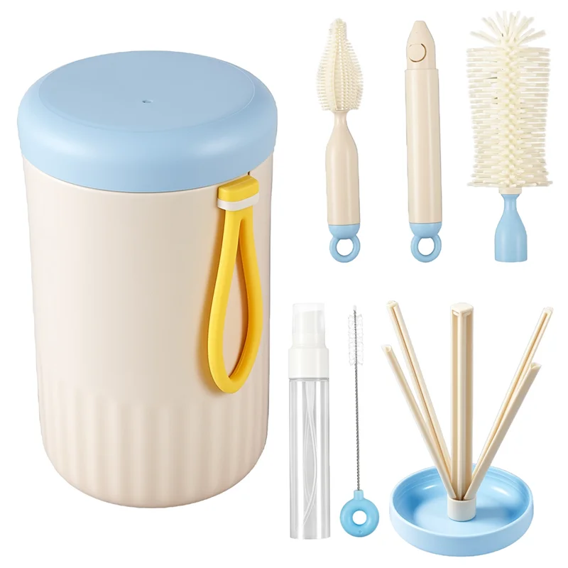B84B-Travel Baby Bottle Cleaner Brush Set,Foldable Baby Bottle Drying Rack,Essential Cleaning Set For Outdoor Travel