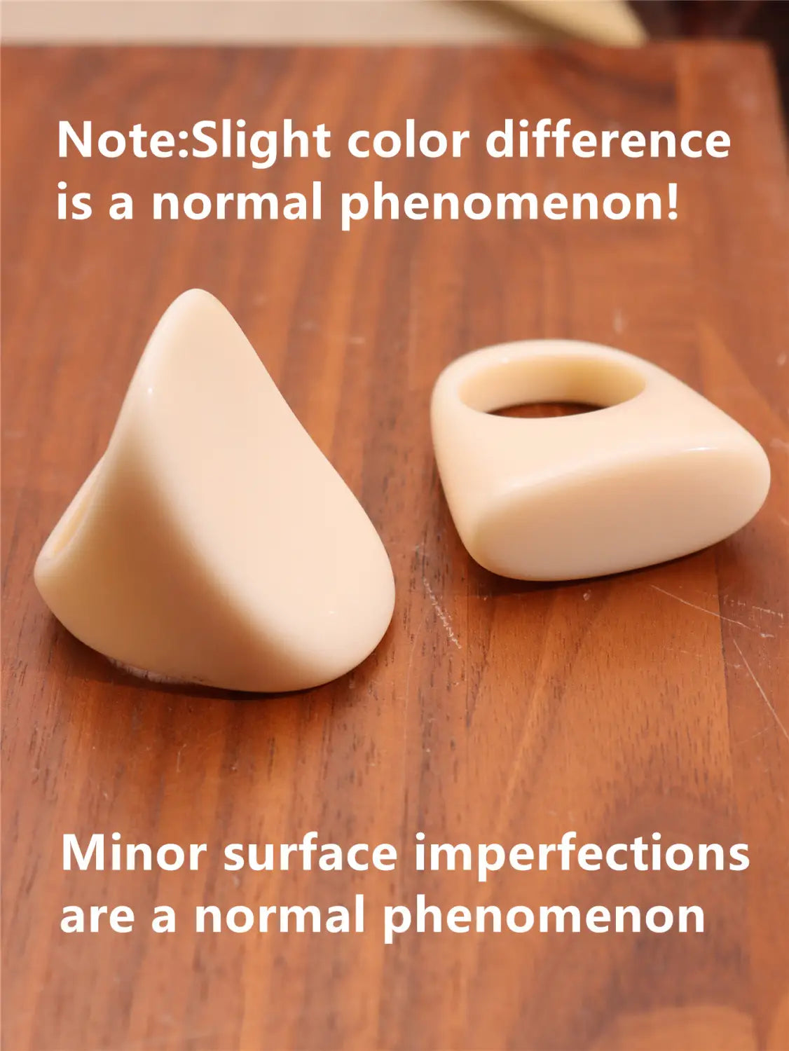 Cream-colored smooth-surfaced silicone finger support pieces with triangular and ring-shaped design for chunky resin cocktail rings 4-piece set.
