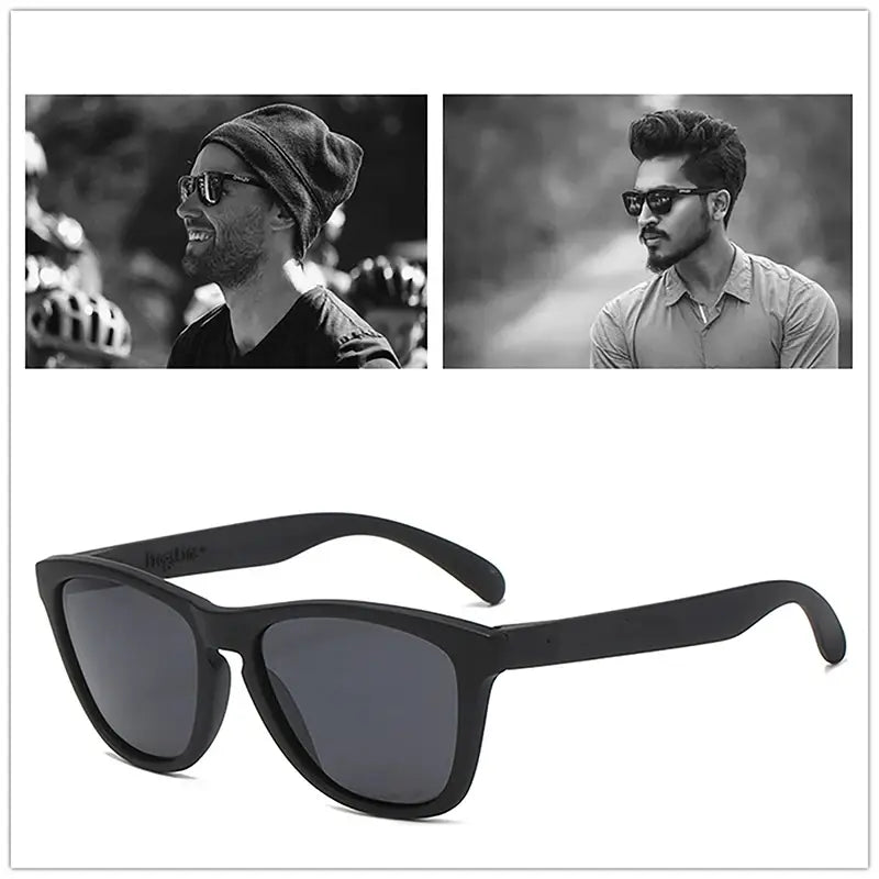 Lunettes de soleil claires colorées avec protection UV400, comprenant une monture noire et des verres gris foncé dans un design moderne et épuré