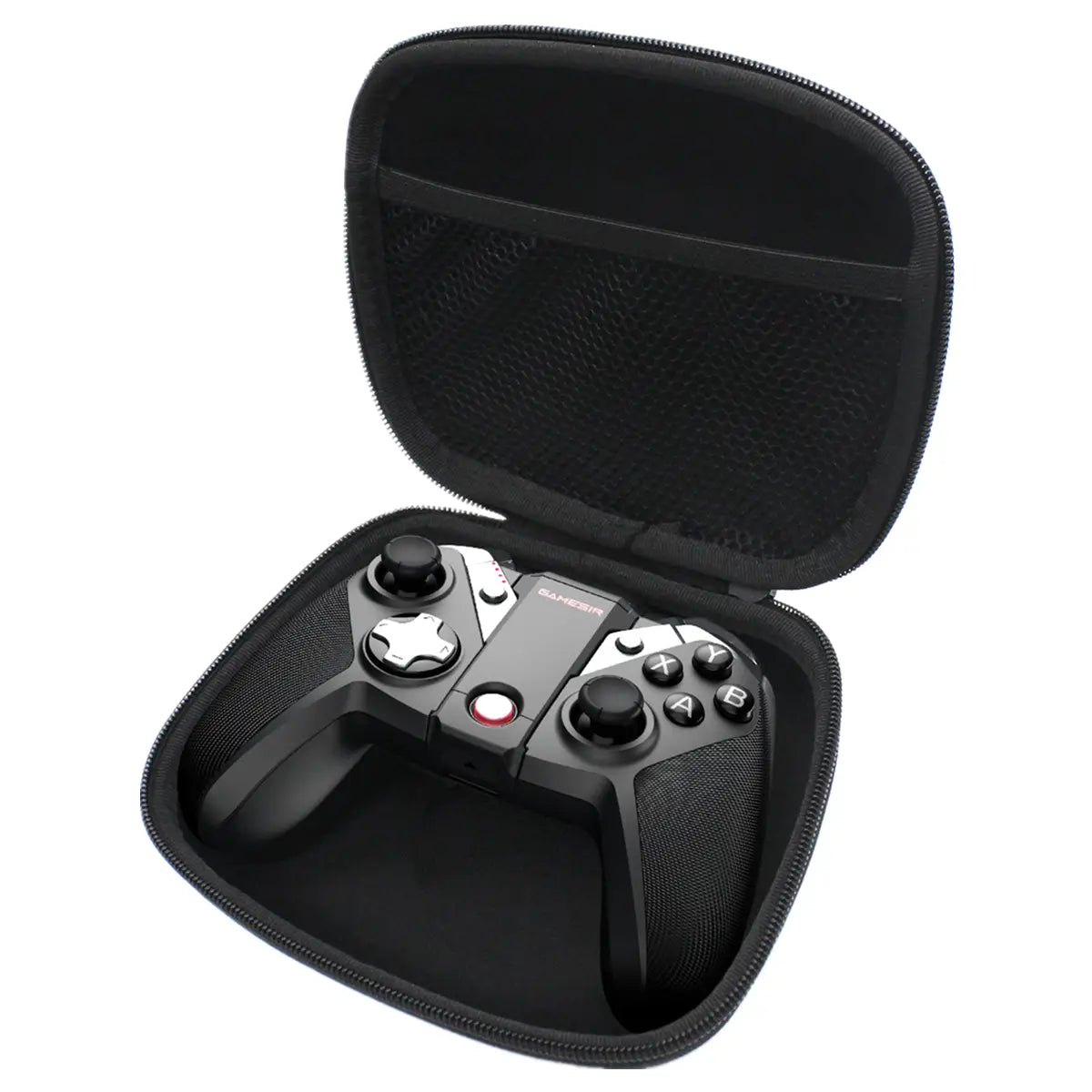 Black and silver Gamesir G7 saneser gaming controller with a magnetic faceplate nestled in a black zippered protective case.