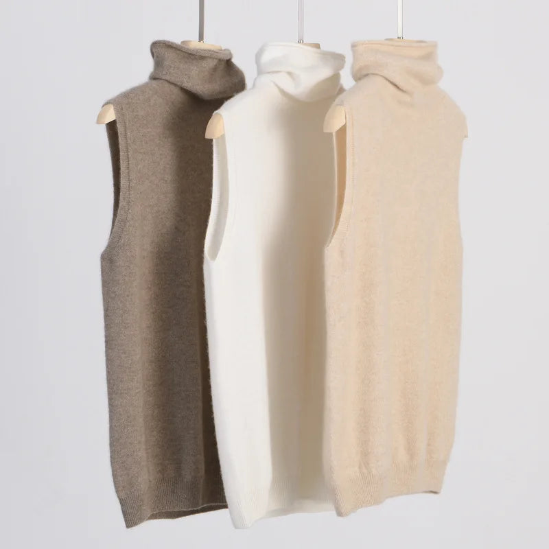 Women 100% Merino Wool Sleeveless Knit Vest Turtleneck Wool Base Layer Slim Fit Sweater Waistcoat Ladies Inner Wear