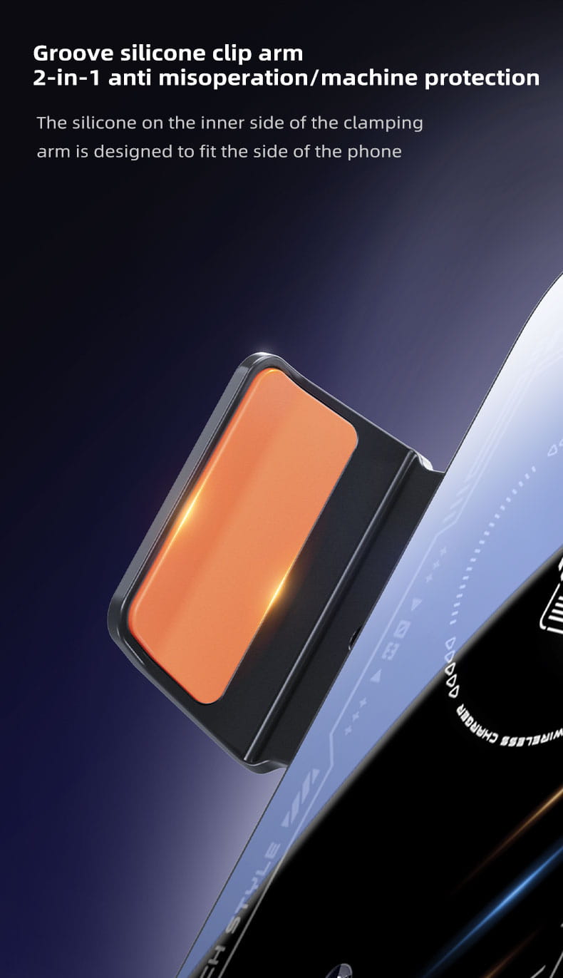 black silicone clip arm with orange inner lining designed for secure phone clamping on wireless car phone charger mount 15w