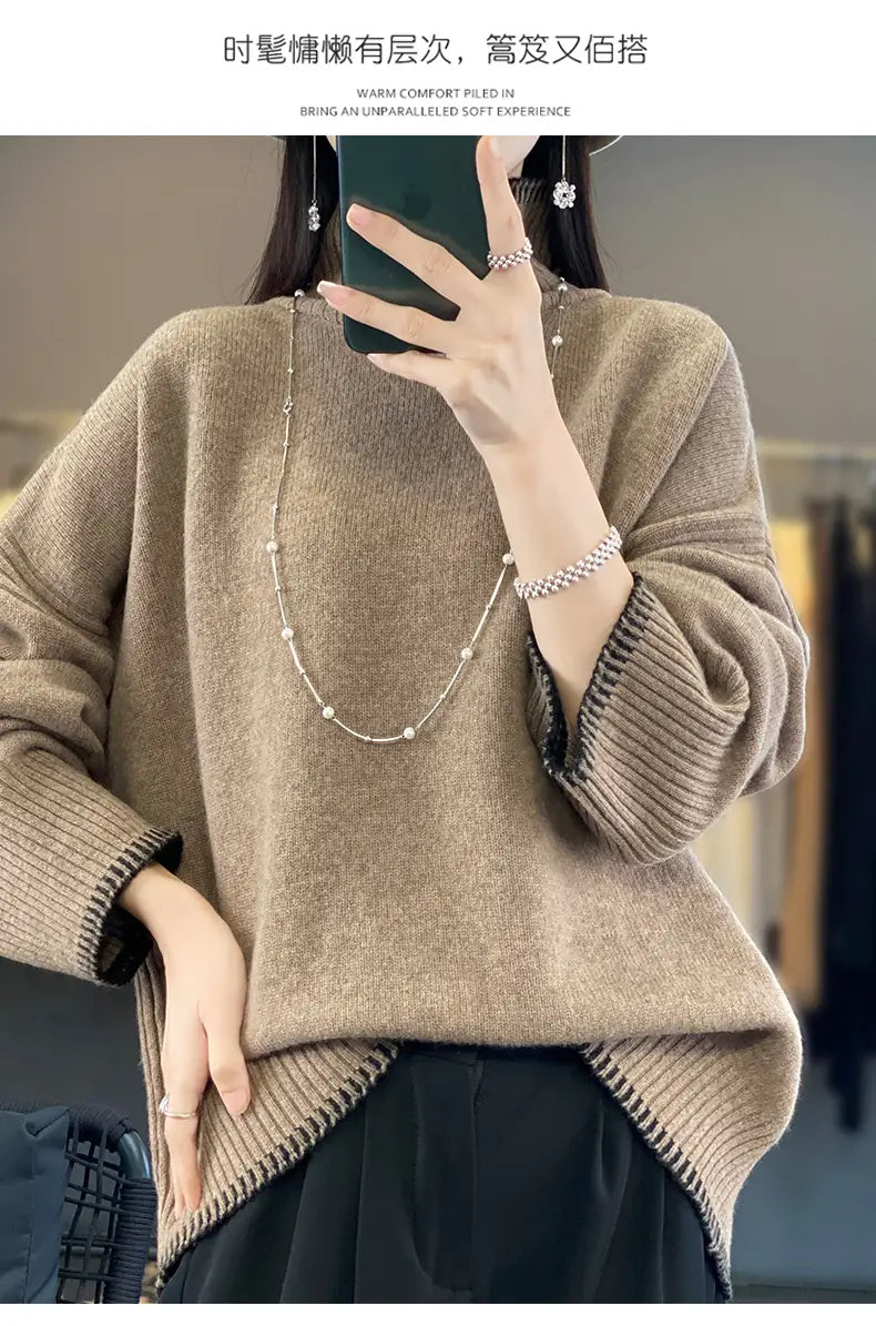 a cozy beige pure wool turtleneck sweater for women featuring ribbed cuffs and a relaxed asymmetrical hem