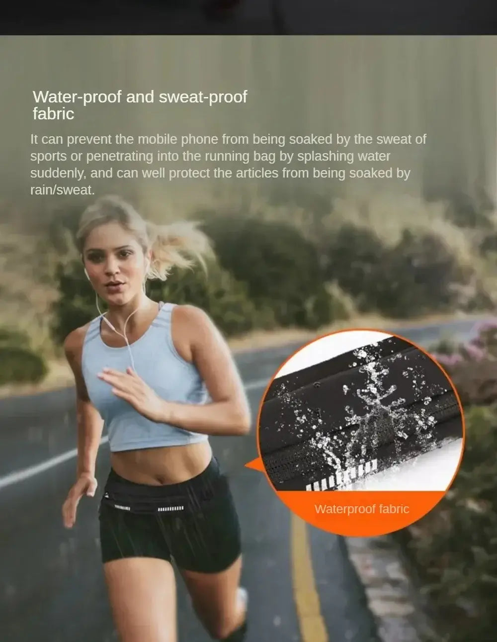 Schwarzer wasserdichter Stoff-Laufgürtel mit Reißverschluss und reflektierenden Details, ausgelegt für die Nutzung bei Fitness