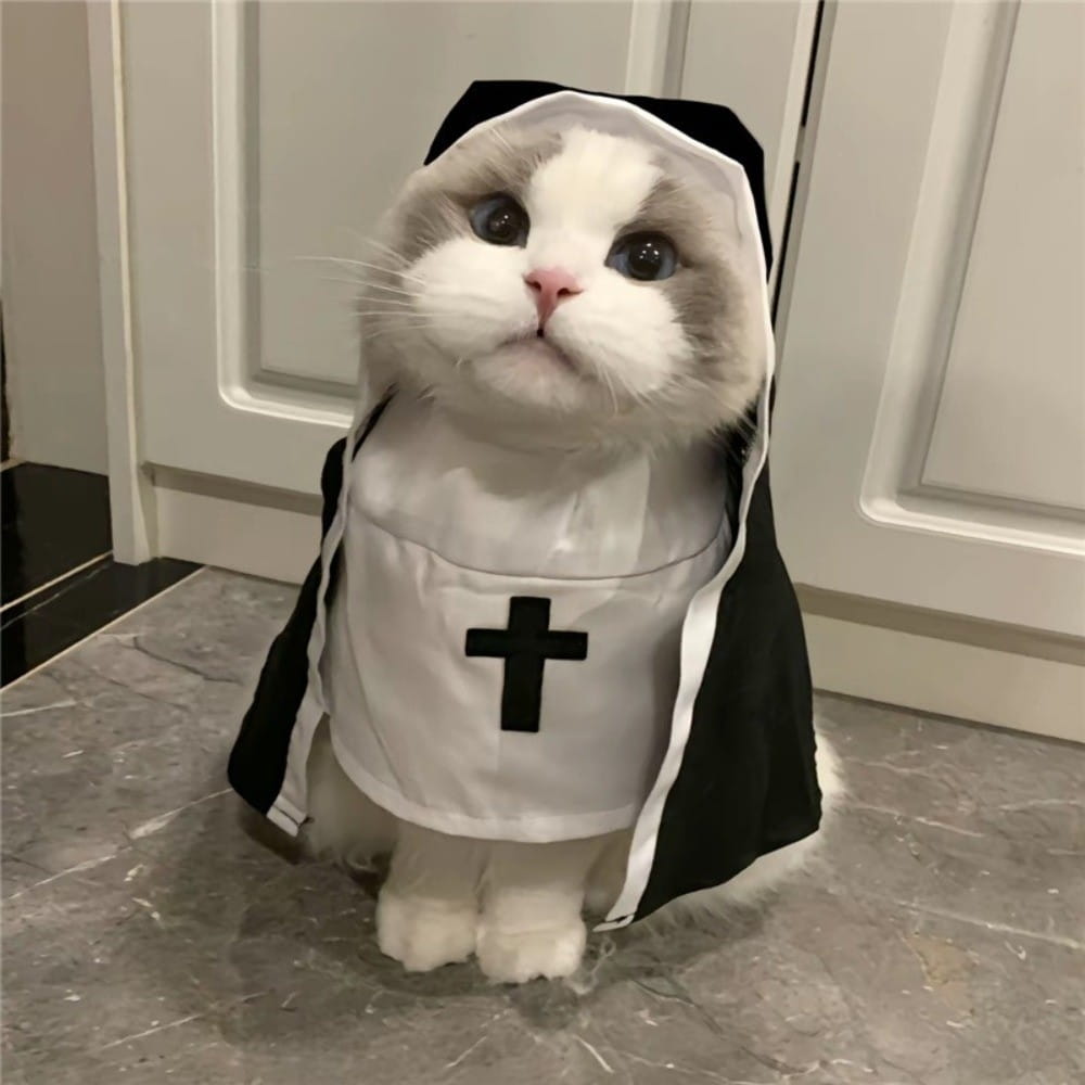 Un gato esponjoso blanco y gris con un disfraz de monja para perro y gato mascota en blanco y negro hecho de fibra de poliéster, con un emblema de cruz en la parte frontal.
