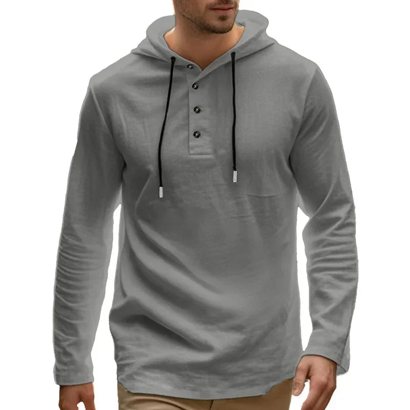 2026 New Men's  T-Shirts Spring Summer Hooded Cotton Linen Tops for Men Soft Loose Henley Shirt Casual Button Long Sleeve Shirts