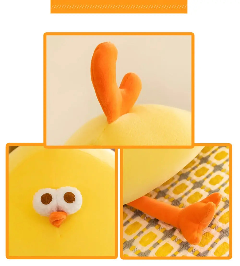 Ein weiches gelbes Plüsch-Kükentier mit orangefarbenem Schnabel und orangefarbenen Füßen, hergestellt in Festlandchina als Plüschtierkissen.