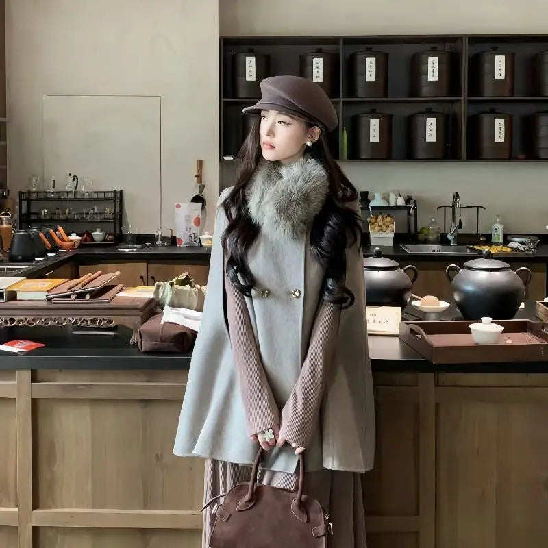 Women's Temperament Cape Woolen Coat Women's Autumn Winter New High-End Versatile Short Fur Collar Woolen Coat Double-Breasted