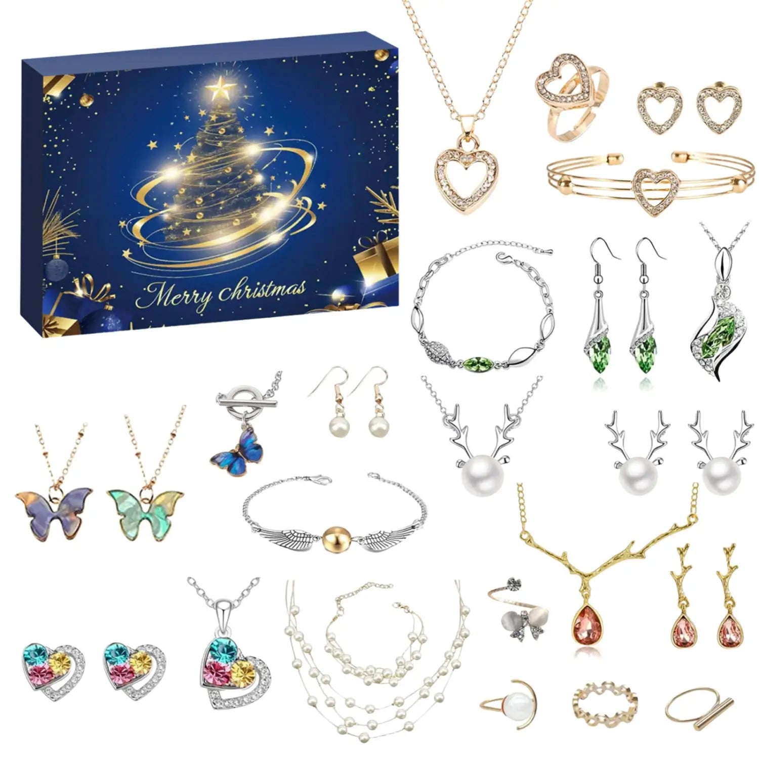 a christmas advent calendar jewelry gift set featuring silver-toned necklaces, bracelets, earrings, rings, and anklets with sparkling heart-shaped rhinestone pendants, iridescent butterfly charms, pearls, and gemstones.