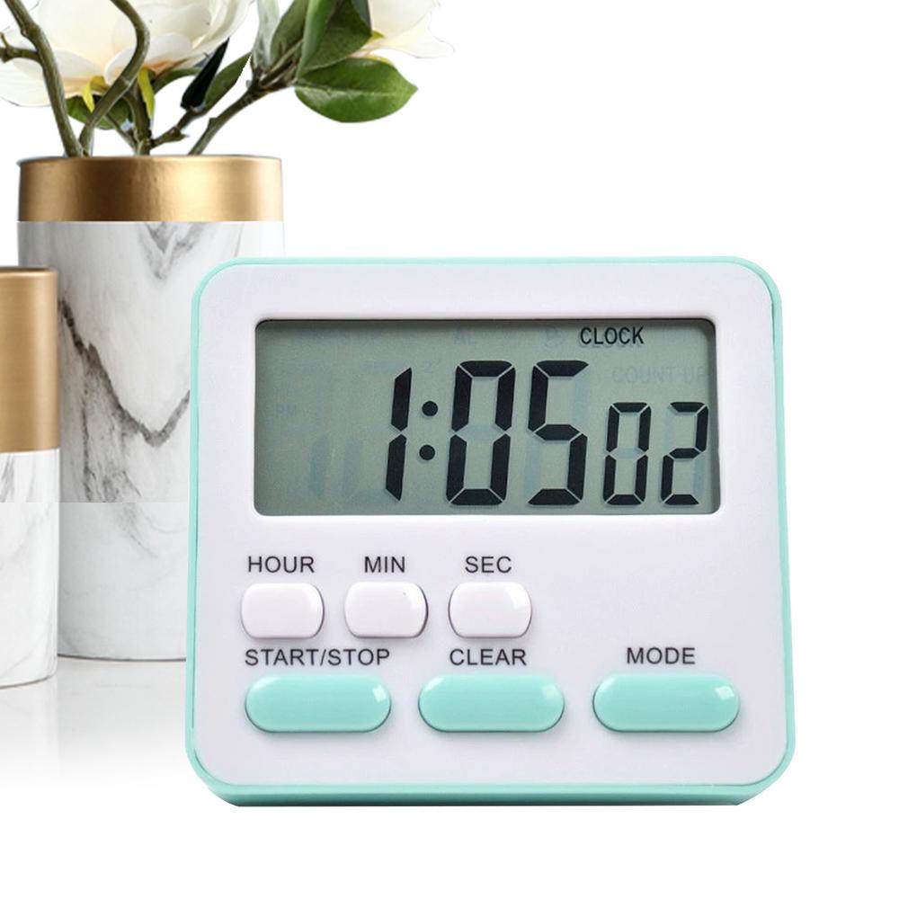 Ein mintgrüner und weißer digitaler Küchentimer mit einem rechteckigen Display, das 1 05 02 anzeigt, sowie vier Tasten mit den Bezeichnungen Stunde, Minute, Sekunde, Start/Stopp, Löschen und Modus für die Verwendung einer geräuschlosen Countdown-Uhr.