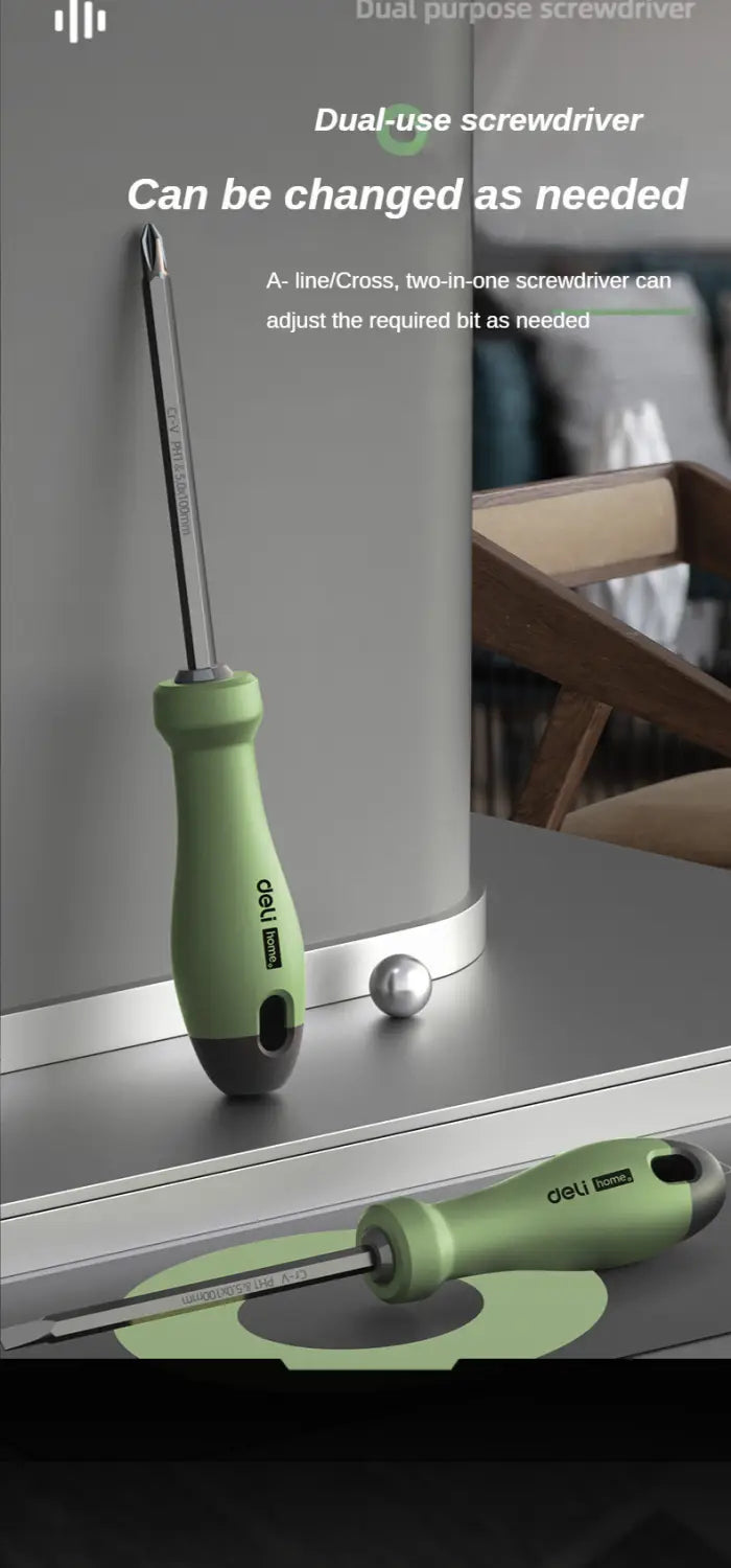 Deli multitool hand repair tool kit featuring a green plastic-handled dual-use screwdriver with a black tip and silver metal shaft for flathead and Phillips applications.