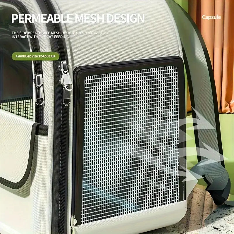 Una elegante mochila plegable para transportín de mascotas de malla gris claro y negro, con diseño de malla permeable para la ventilación.