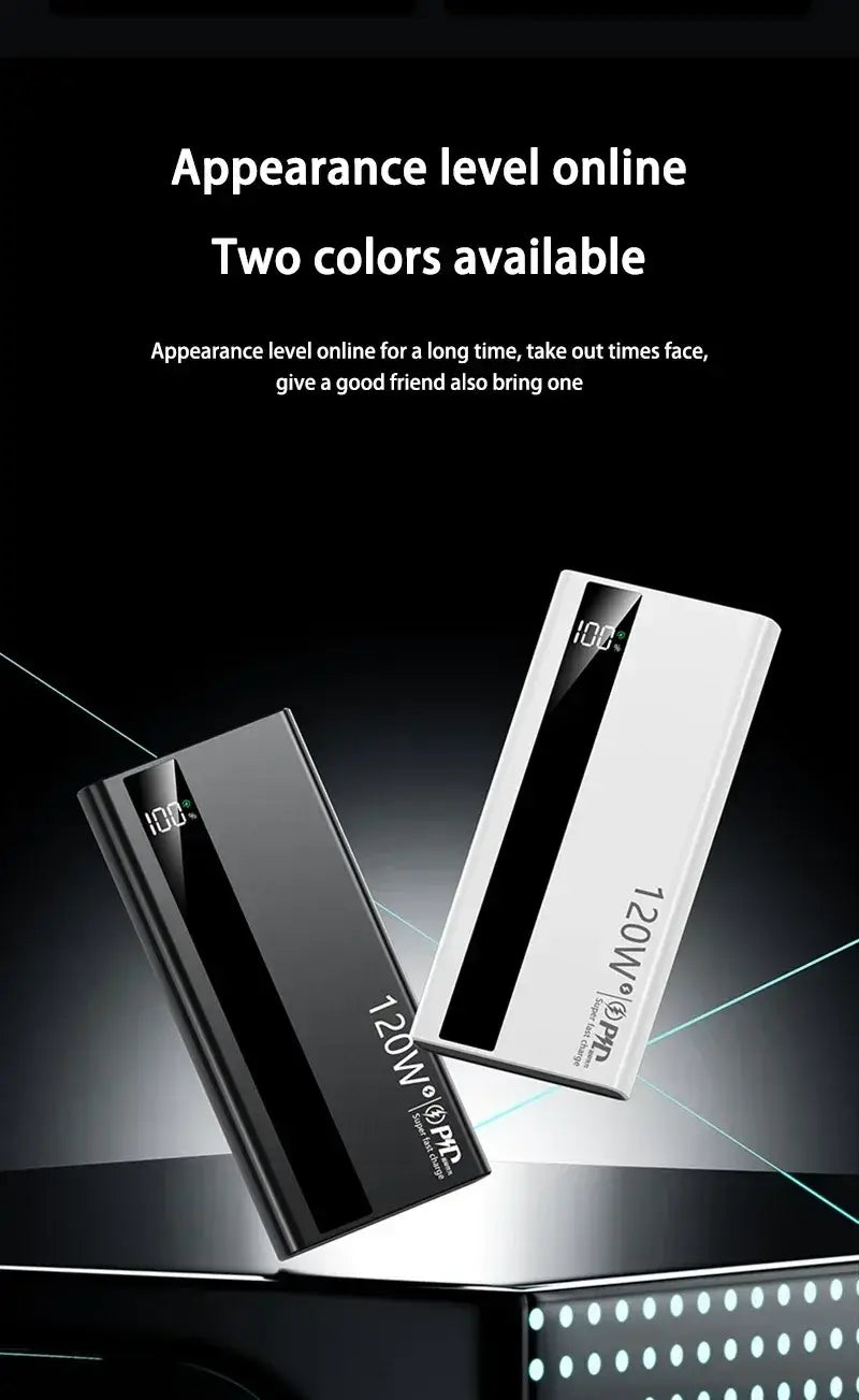 Dos bancos de energía de carga rápida de 120 W en formato rectangular elegantes en negro y blanco, con acabados brillantes y pantallas digitales.