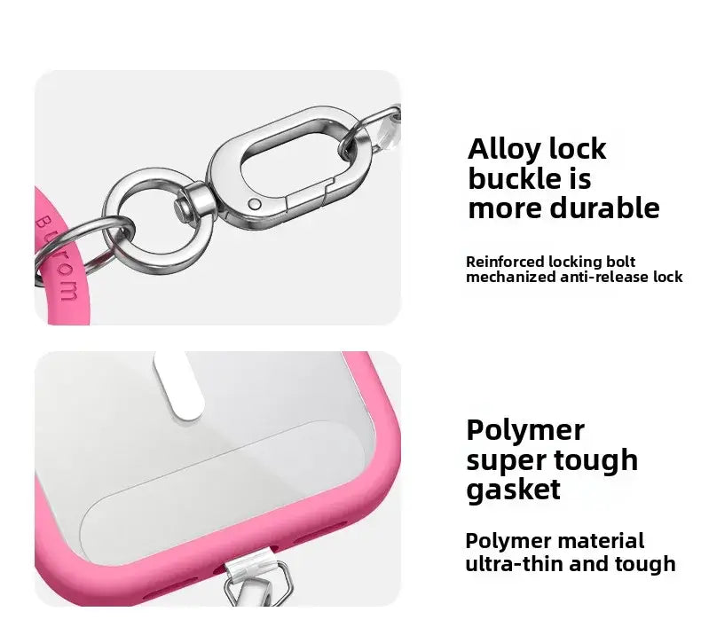 rosa Silikon-Herz-Handy-Handgelenkriemen für iPhone mit transparenter Abdeckung und Schloss im Karabinerhaken-Stil aus silberner Legierung, von vorne dargestellt, für die Handgelenk-Nutzung am Smartphone