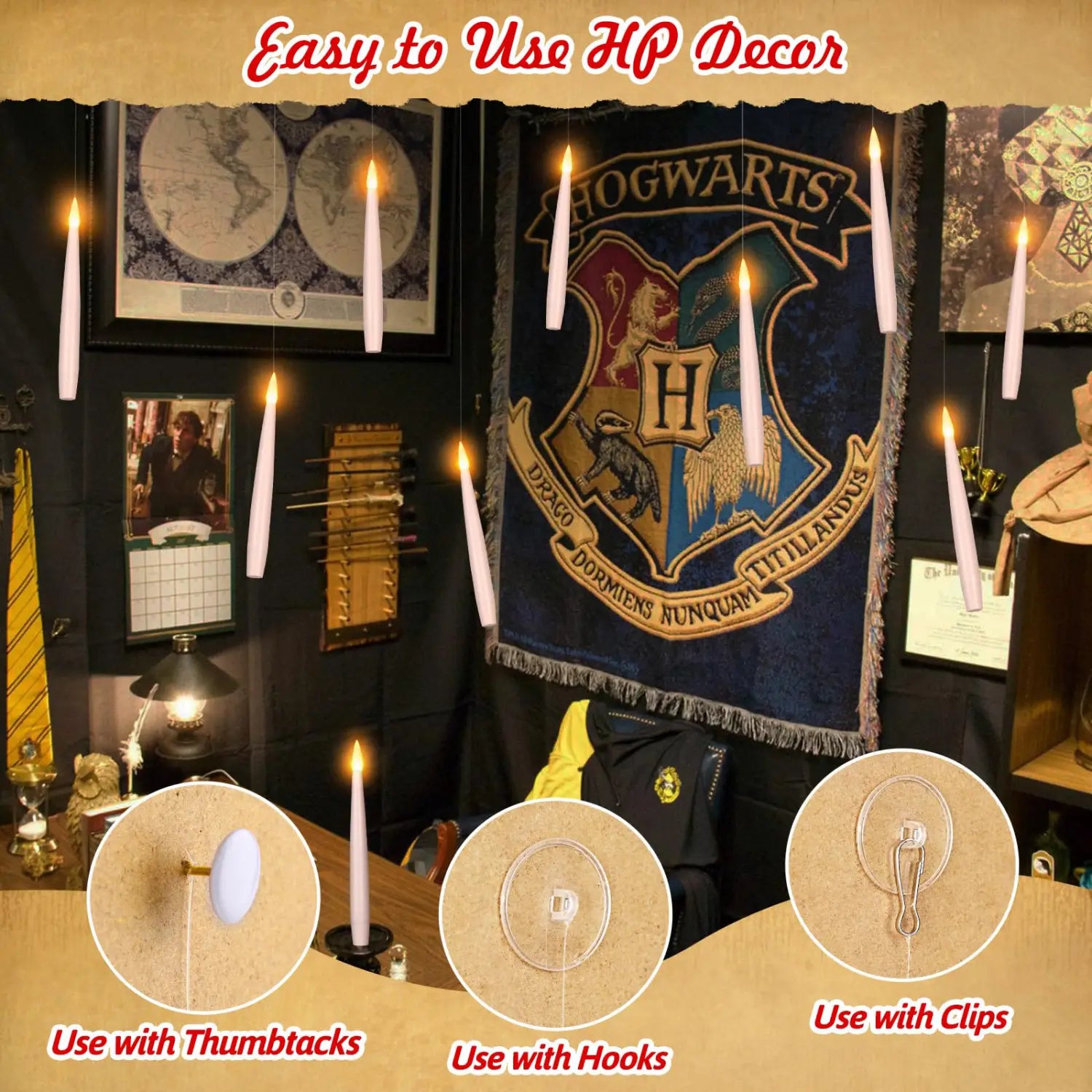 white candle-shaped floating candles with glowing tips designed for hanging using thumbtacks hooks or clips and operated with a magic wand remote