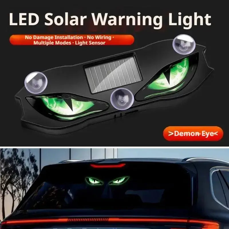 lampe d’avertissement solaire à DEL noire avec ventouses, présentant un motif d’œil de démon et des pupilles vertes éclairées
