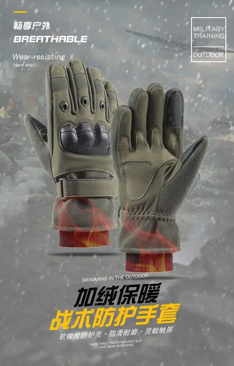 Winter motorcycle gloves in olive green with black reinforced knuckle padding and flame-patterned cuffs designed for thermal windproof riding gear shown from the back side.