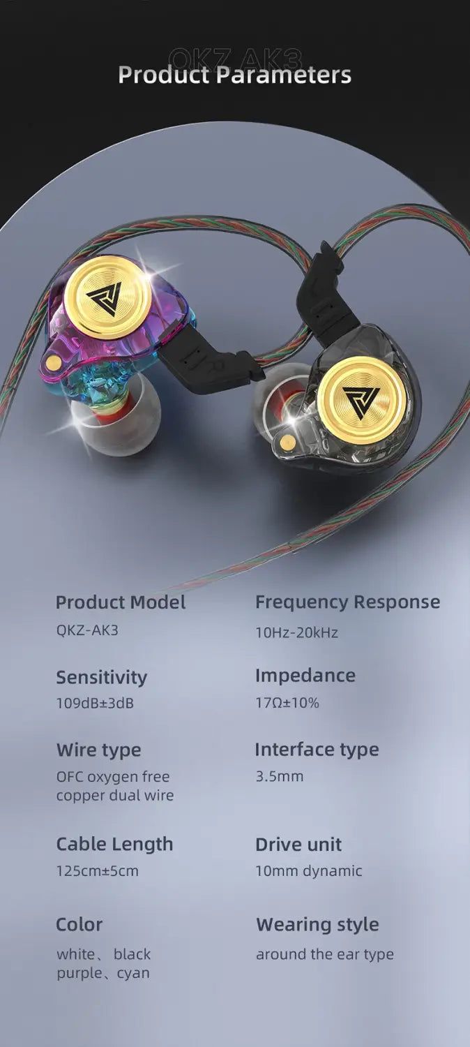 Casque d’écoute intra-auriculaire filaire Qkz AK3 avec embouts plaqués or, coques translucides colorées et câble tressé.