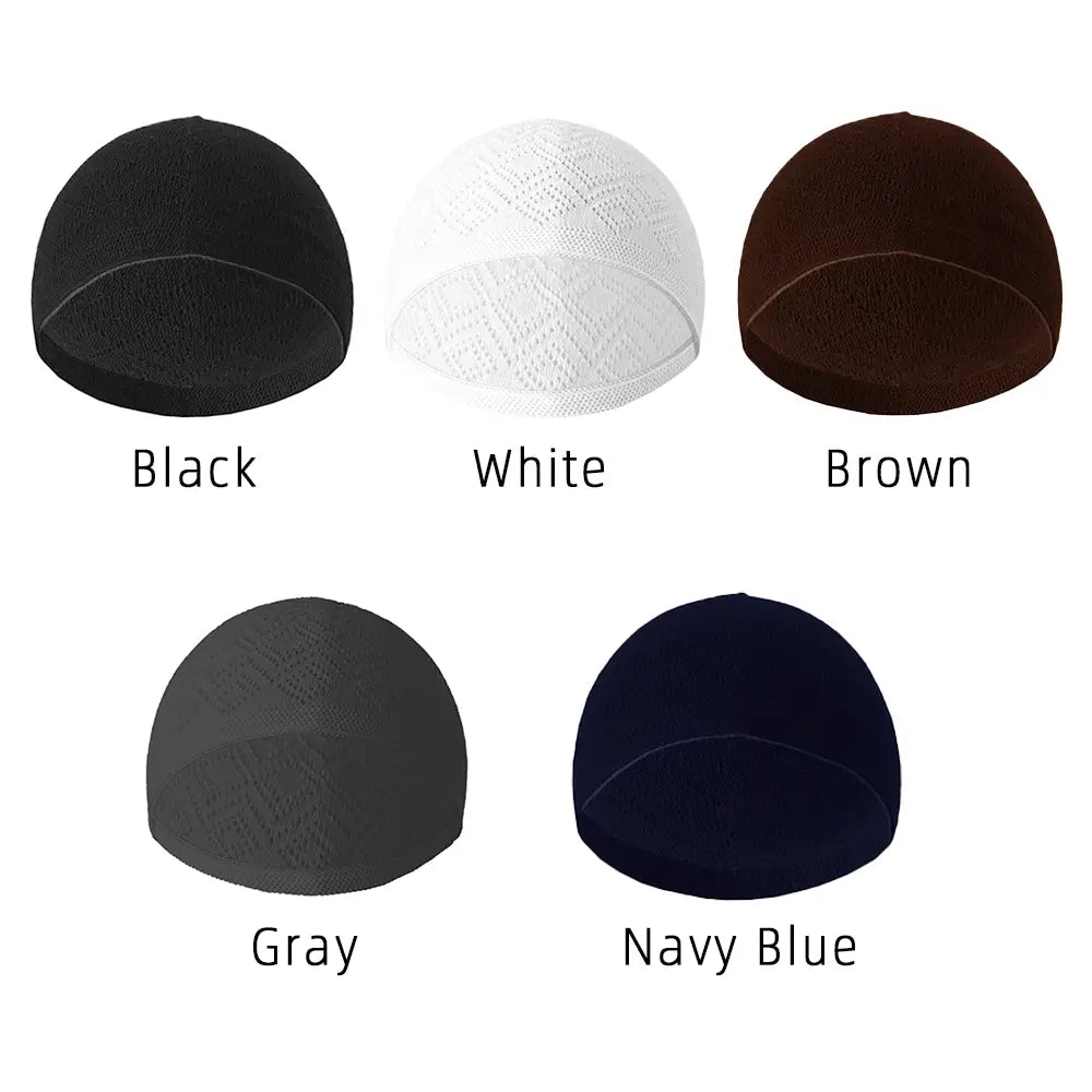 a soft stretchy knit kufi beanie prayer cap available in black white brown gray and navy blue made from comfortable knit material