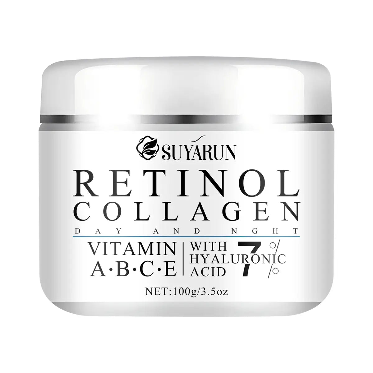 Crema de día y noche de retinol y colágeno de Suyarun en un frasco blanco elegante con detalles plateados; incorpora manteca de karité para el cuidado de la piel delicada.