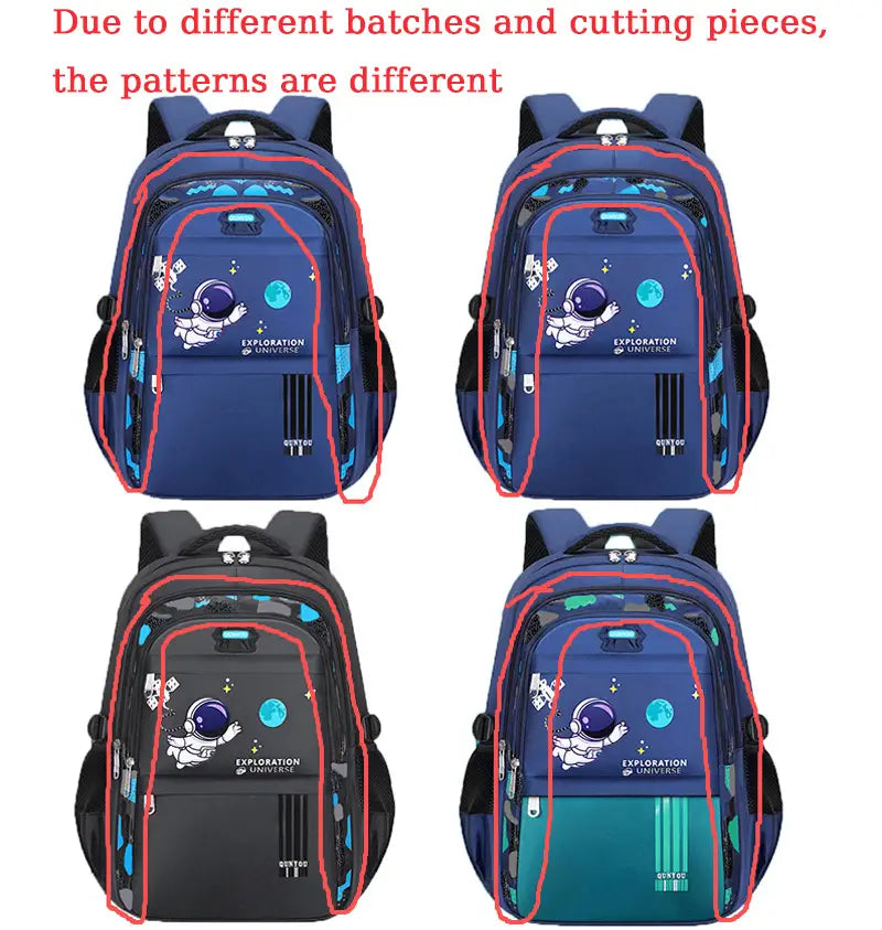 Jungen-Astronauten-Schulrucksack in Blau und Schwarz mit wasserabweisendem Material, Weltraummustern, Mesh-Seitentaschen und „Exploration Universe“-Branding.