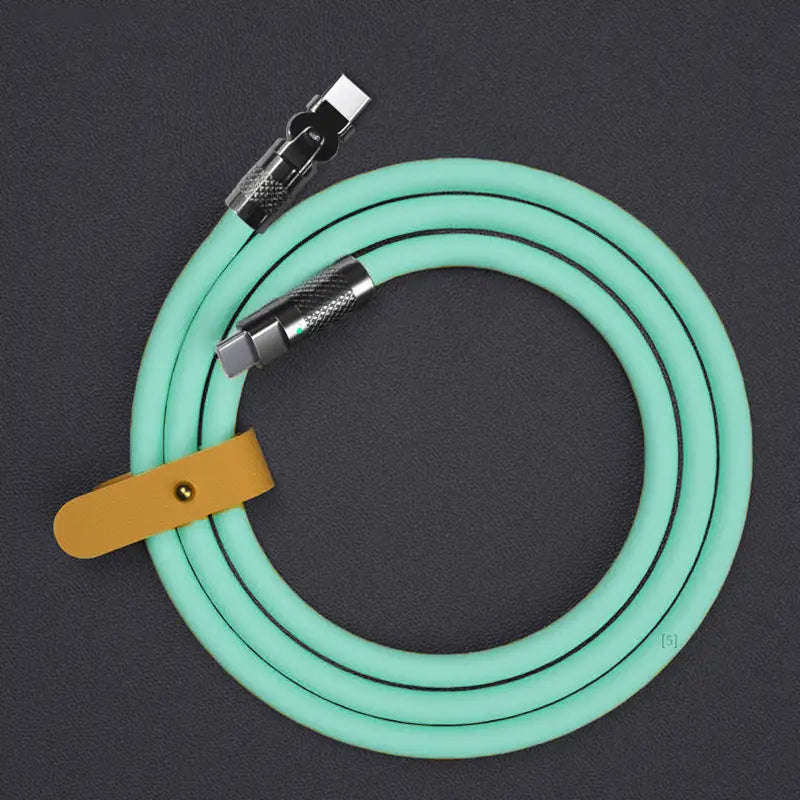 Ein mintgrünes geflochtenes 120-W-Rotations-Silikon-USB-C-Kabel mit metallischen Steckverbindern und einem braunen Lederriemen