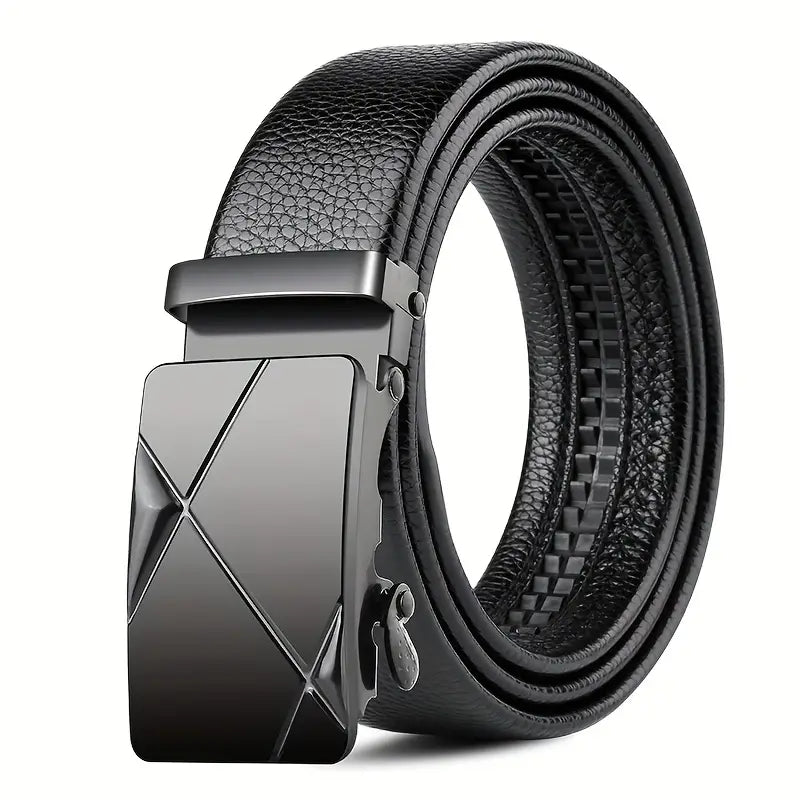Men’s automatic buckle leather belt in black with a sleek matte-finish metal buckle featuring an angular geometric design.