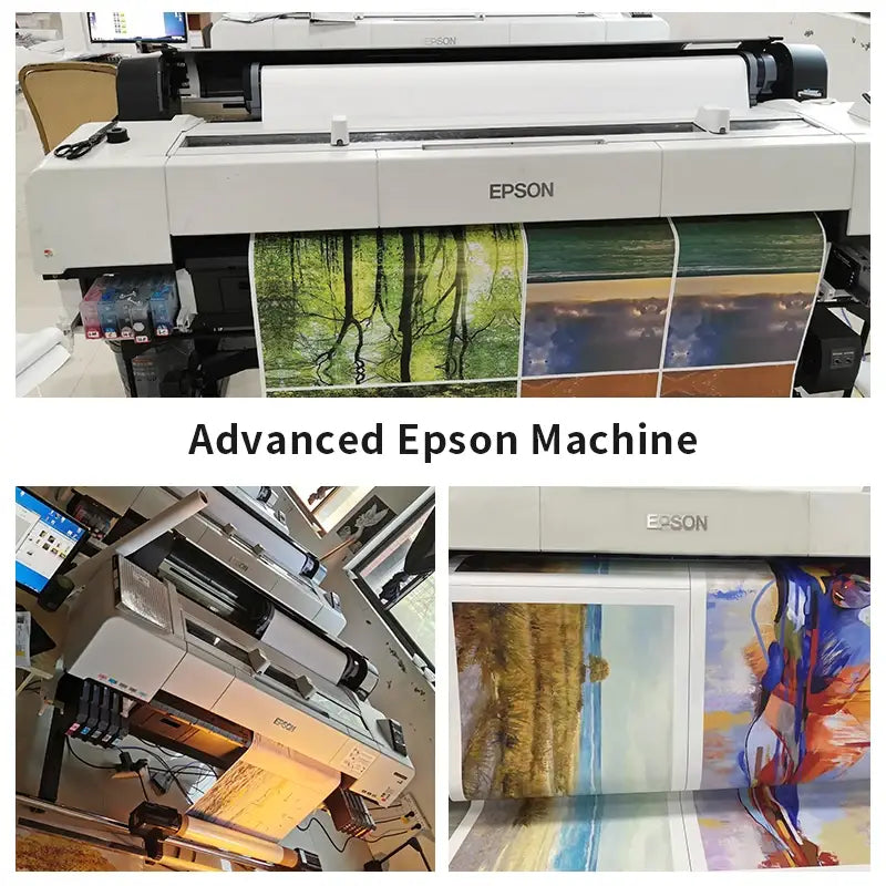 Imprimante grand format Epson avancée, avec impression extérieure blanche et noire, produisant des œuvres murales en toile du circuit de Formule 1 vibrantes pour la décoration de la maison dédiée au sport automobile et la décoration murale.
