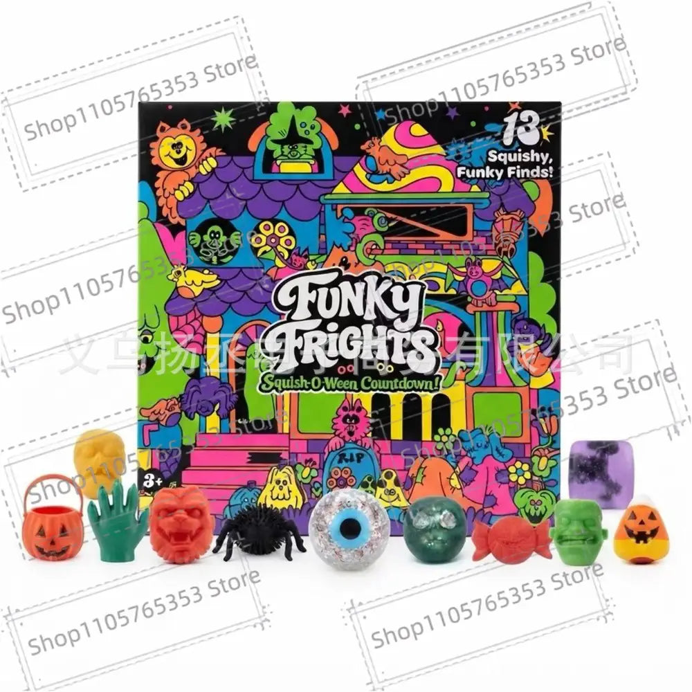 Bunter, funky-schauriger Squish-o-ween-Countdown-Adventskalender mit 13 squishigen und ausgefallenen Fundstücken für Halloween-Stressabbau-Geschenkbox.