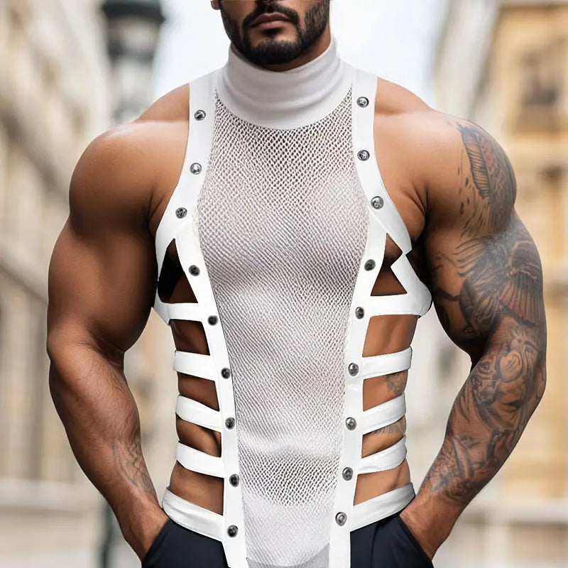 Men mesh turtleneck tank top in white mesh fabric with bold white straps and silver toned hardware accents.