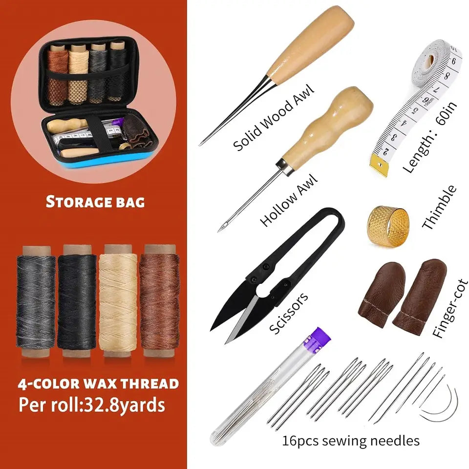 Trousse d’outils de couture en cuir avec fil ciré, comportant un sac de rangement noir et bleu avec des compartiments en maille contenant des bobines de fil ciré, des alènes en bois pleines et creuses, des ciseaux, un dé à coudre, des protège-doigts, des aiguilles à coudre et un mètre ruban.