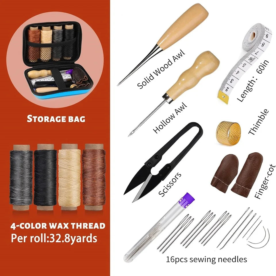 BUDDUR Leather Sewing Tools Kit With Waxed Thread And Needles Awl Professional DIY Leather Handmade Craft Accessories Tools Set